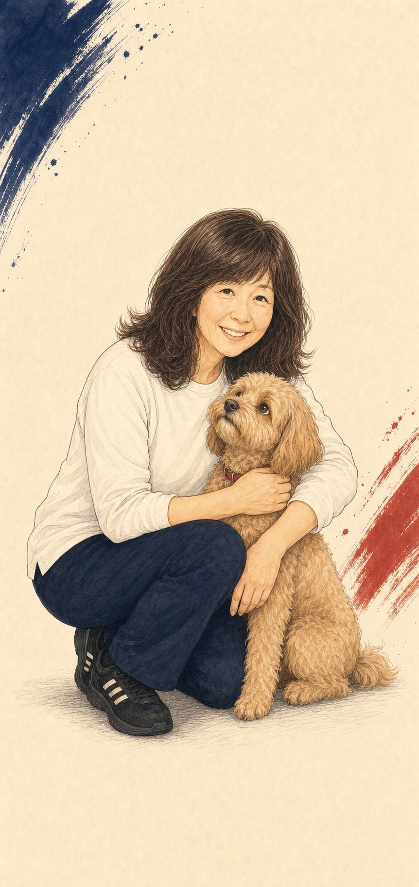 犬を抱き寄せ、正面を向いてにっこり笑う女性店主のコミック風イラスト